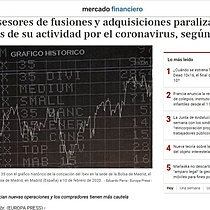 Los asesores de fusiones y adquisiciones paralizan dos tercios de su actividad por el coronavirus, segn TTR